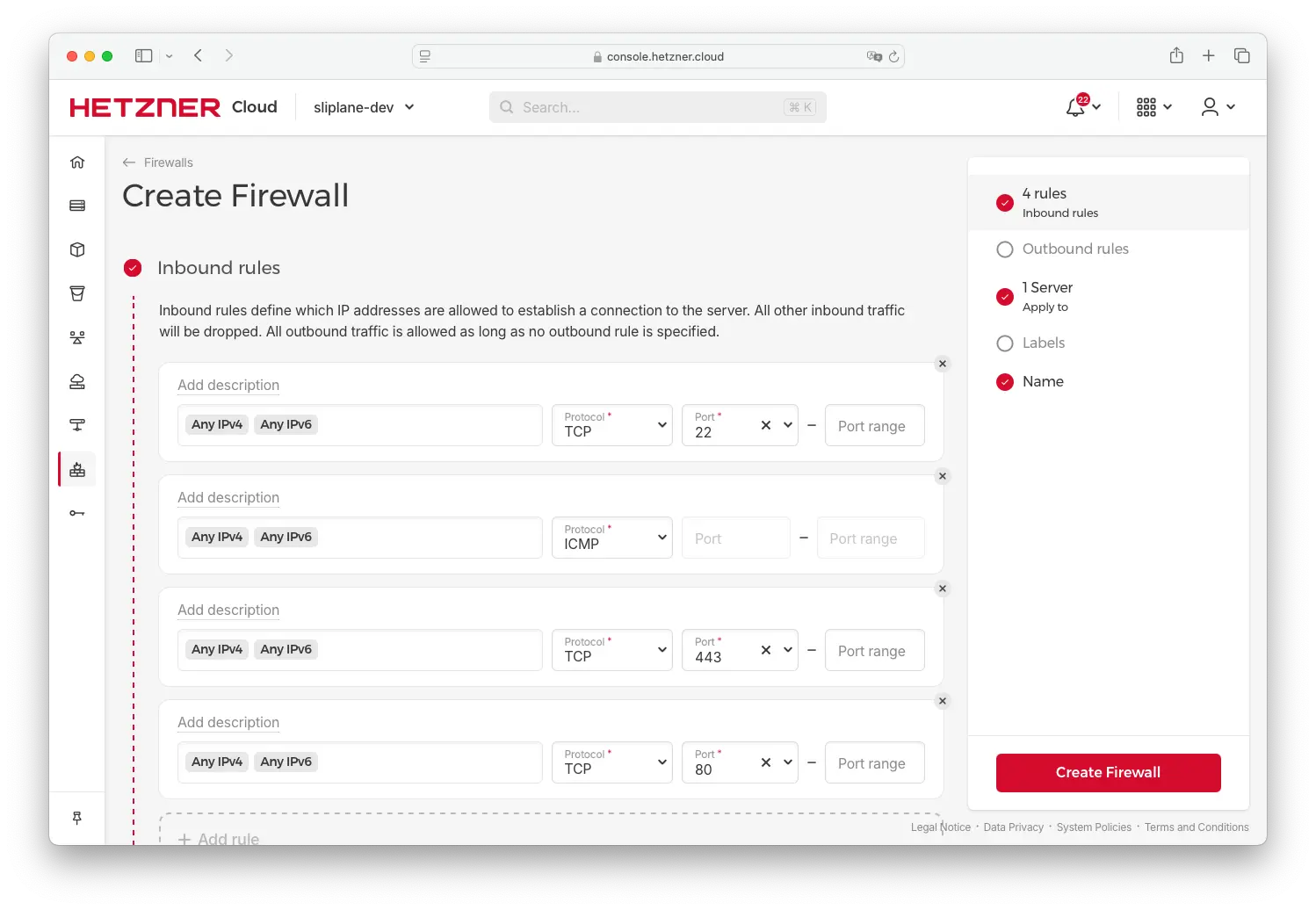 Hetzner Firewall Configuration