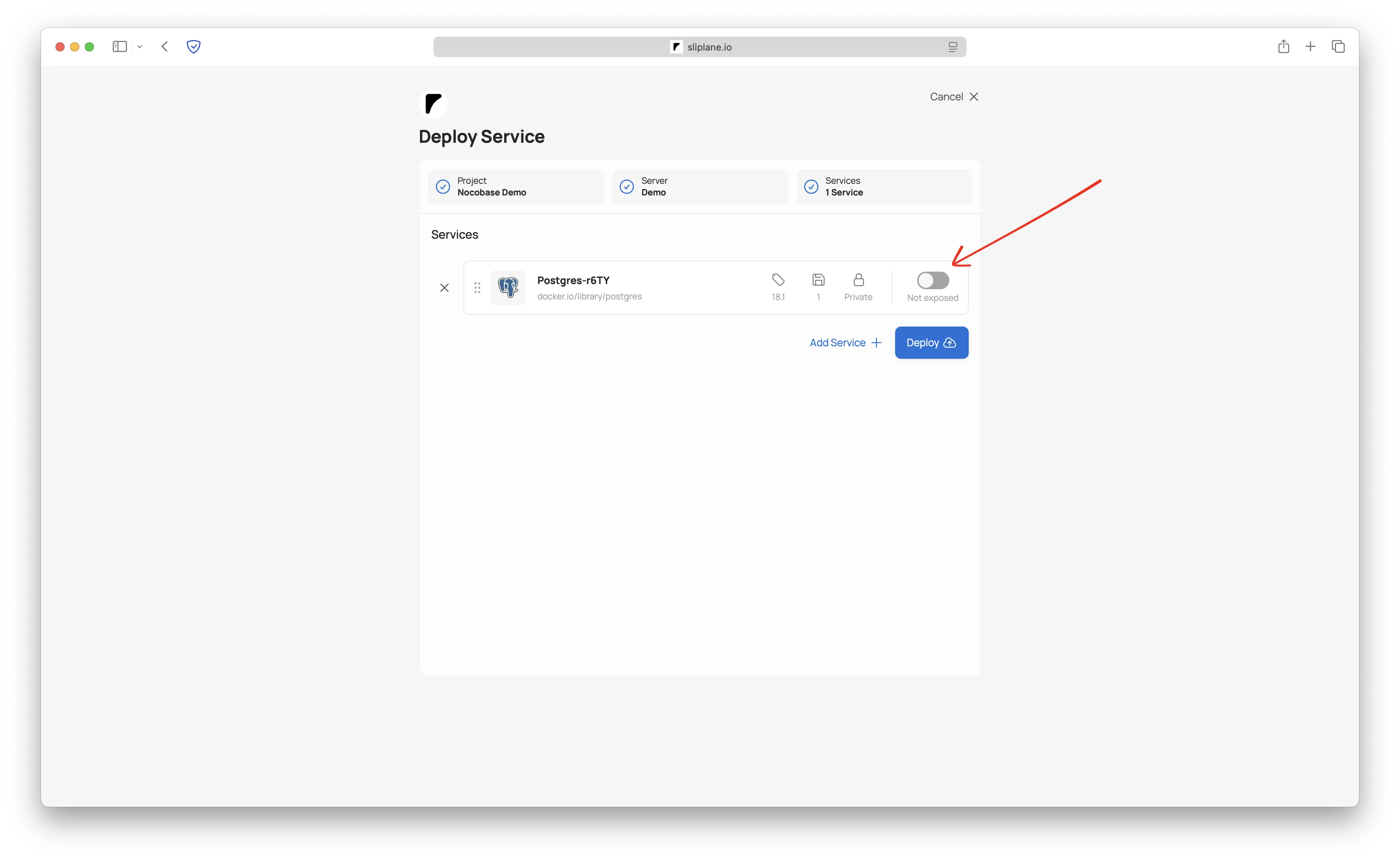 Deploying PostgreSQL with the public toggle disabled